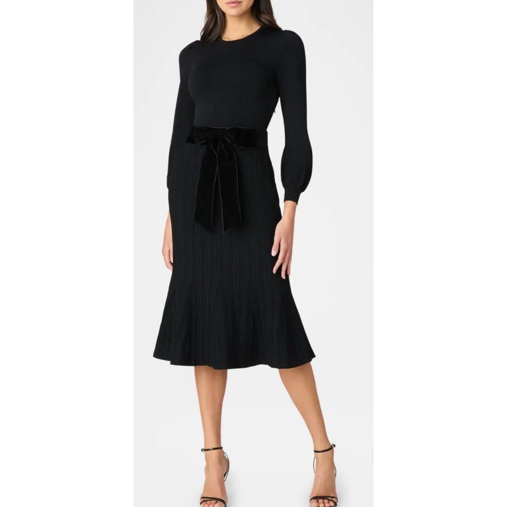 Shoshanna Ida Ribbed Bow-Front Midi Dress Size M.‎ Black $495. NWT